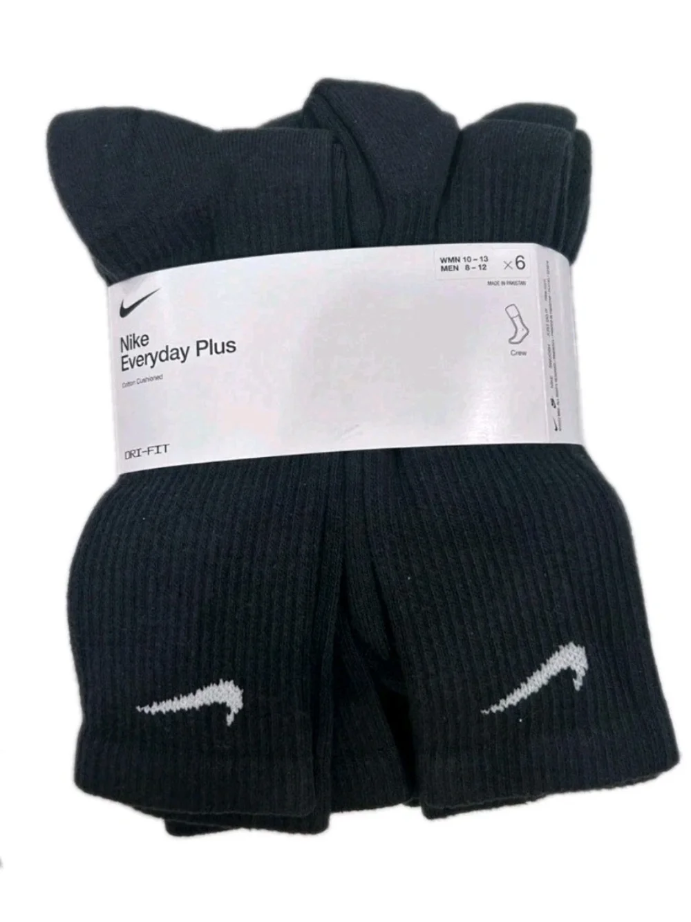 Nike Men's Size 8-12 Cotton Cushioned Crew Socks Black 6 Pairs Size Large